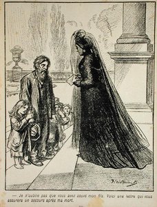 Ik zal niet vergeten dat je mijn zoon hebt gered. Hier is een brief die verzekert dat je na mijn dood verzorgd zult worden., uit lAssiette au Beurre, 1901 door Oswald after Heidbrinck